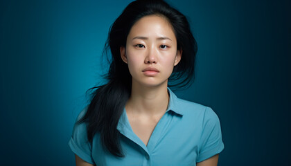 Close-up studio photograph with plain blue background, of an Asian woman, exhausted with dark circles under her eyes, slightly pale complexion, a little thin, wearing a blue t-shirt
