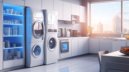 3D product commercial render of modern home appliances, including refrigerators, ovens, or smart home devices, emphasizing their innovative features and usability