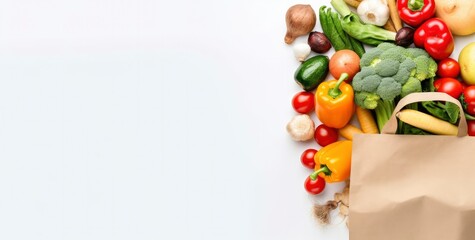 Fototapeta na wymiar Healthy food in paper bag vegetables and fruits on white background.
