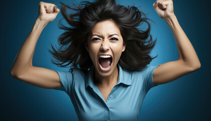 Close-up studio photograph with plain blue background of a young woman, celebrating a victory, fists raised and shouting, dressed in a blue shirt.