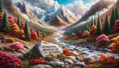illustration of a breathtaking mountainous landscape during autumn, with colorful foliage and a clear stream, with 'International Mountain Day, 11th December' engraved on a rock - obrazy, fototapety, plakaty