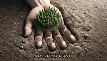 Foto op Plexiglas Human Touch: on of a handprint on soil, where within the imprint, a Blossoming miniature forest begins to grow, emphasizing human impact on the environment, with 'World Soil Day' hovering below © Bartek
