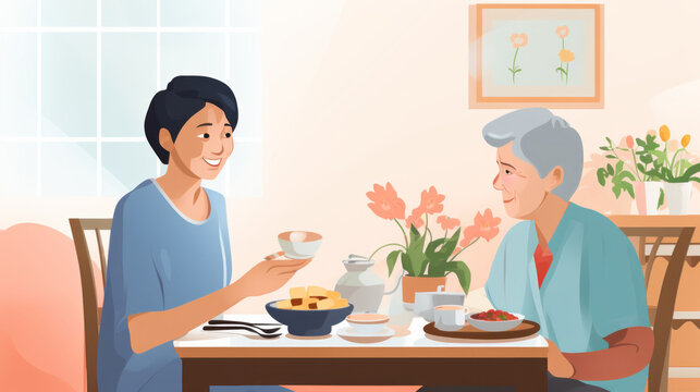 Senior woman sitting and enjoying breakfast with nurse in retirement home illustration