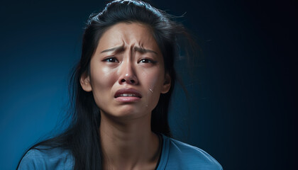 Close-up studio photograph with plain blue background of a sad young Asian woman ,crying in despair ,dressed in a blue shirt.
