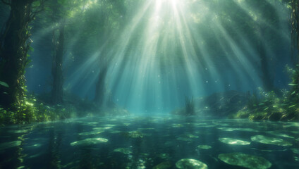 realistic photo of the underwater world with the rays of the sun passing through the water - obrazy, fototapety, plakaty