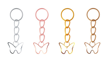 A set of copper or bronze, gold or brass, silver or steel, pink gold keychains in the shape of a butterfly. Metal key holders isolated on white background. Realistic vector illustration.