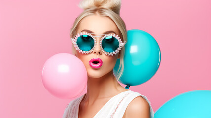 Creative fashion banner with beautiful blond woman in sunglasses with pouty lips. Blue balloons on...
