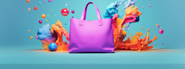 Sale banner with purple tote bag colorful splashes on blue background. Fashion shopping concept