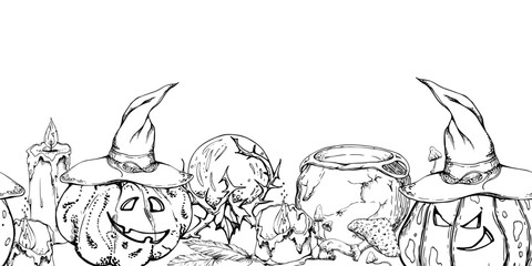 Naklejka premium Hand drawn ink vector witch altar carved pumpkin, mushroom isolated seamless banner. Sketch illustration art Halloween, witchcraft, occult, alchemy. Design shops, logo, print, website, card, booklet