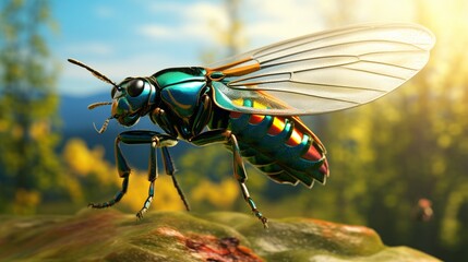 A jewel beetle taking flight, captured in full ultra HD, showcasing the beauty of its wings.