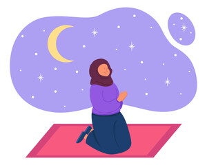 Obraz na płótnie Canvas Muslim woman sitting on prayer rug and praying at night vector illustration. Religion, Ramadan concept