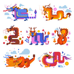 Dragon creatures, reptiles with wings and flames