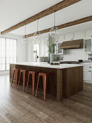 Traditional large L-shaped kitchen with large island and kitchen appliances. 