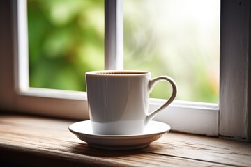 a home-brewed cup of coffee on a window sill