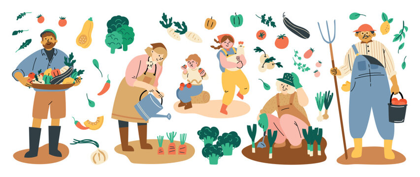 Eat local vector illustration set. Organic farming with people farmers doing farming job, planting, local organic production, Fruits and vegetables, agriculture and gardening, modern farmers market.
