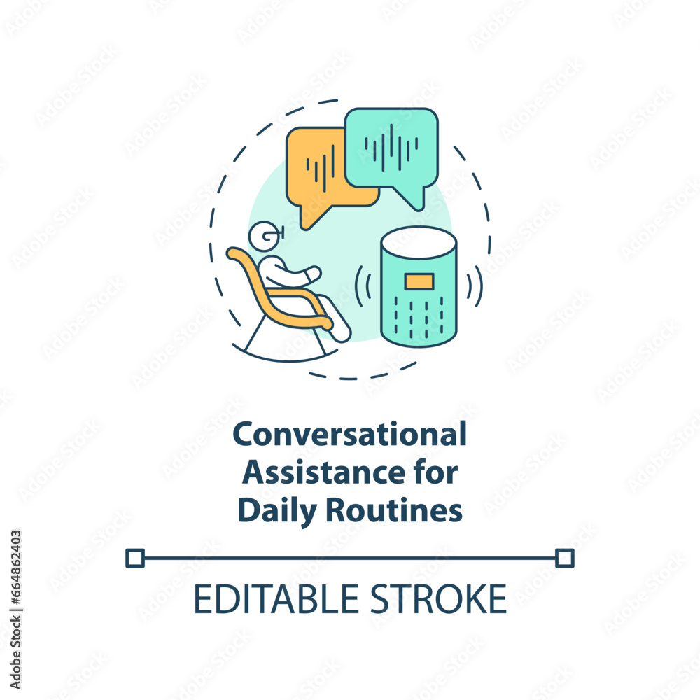 Poster 2d editable thin line icon conversational assistance for daily routines concept, isolated vector, mu