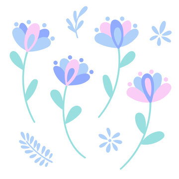 Cute vector flower illustration set, flat illustrations simple graphic elements