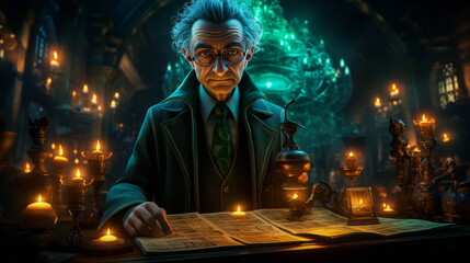Wise professor with glowing eyes uses magic staff in haunted classroom.