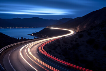 Cars light trails at night in a curve asphalt road at night. Long exposure image of a highway at night.