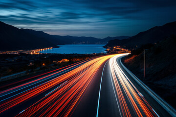 Cars light trails at night in a curve asphalt road at night. Long exposure image of a highway at night.