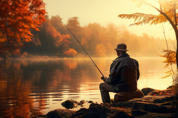 Senior man fishing on the lake on sunny autumn evening. Elderly fisherman spending time in nature. Leisure and hobbies for retired people.