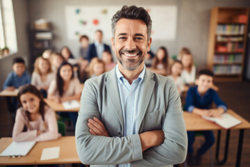 Fototapeta premium Handsome professional male teacher of nursery school or kindergarten looking at camera while standing against group of little learners.