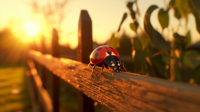 A ladybug illuminated by the soft light of a golden hour sunset, resting on a wooden fence, creating a warm, picturesque scene in a