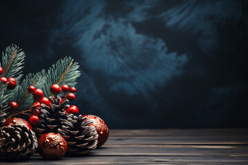 Red Christmas ornaments, holly berries, cones and fir tree branches on dark wooden table. Christmas background with copy space.