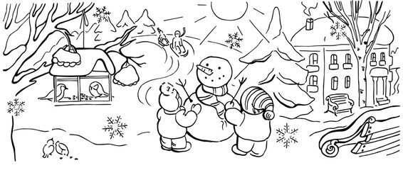 Art therapy coloring page. Winter landscape, children making a snowman. Christmas coloring book in doodle style.