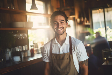 Fototapeta premium Cheerful male barista wearing apron working at the counter in coffee shop. Portrait of smiling cafe employee.