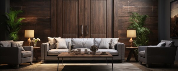 In this modern minimalist living room with a large old wooden door, doors with architrave, and stains on the door, there is a minimalist style and futuristic interior design.