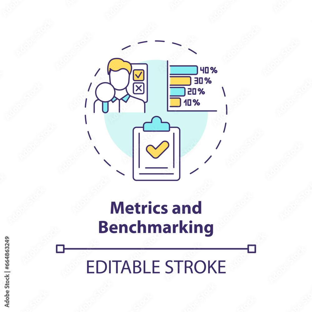 Poster 2d editable thin line icon metrics and benchmarking concept, isolated vector, multicolor illustratio