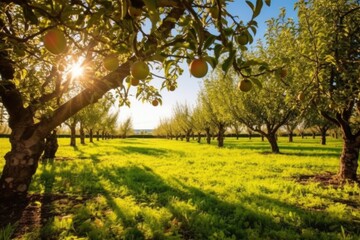 Fototapeta premium sunny orchard with unharvested apple trees