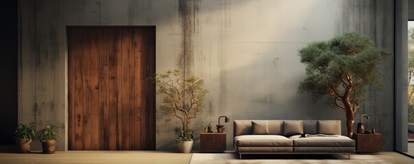In this modern minimalist living room with a large old wooden door, doors with architrave, and stains on the door, there is a minimalist style and futuristic interior design.