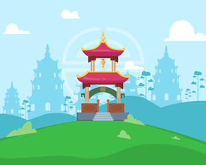 Obraz premium Ancient Asian temple illustration. Traditional Chinese buildings on background. Religious place of worship with beautiful architecture. Divine architecture concept.