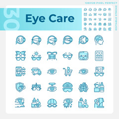 Pixel perfect blue icons set representing eye care, editable thin line illustration.