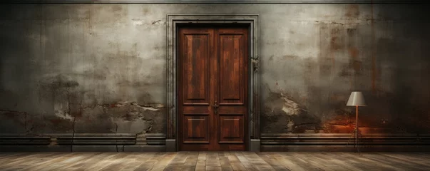 Wall murals Old door In this modern minimalist living room with a large old wooden door, doors with architrave, and stains on the door, there is a minimalist style and futuristic interior design.