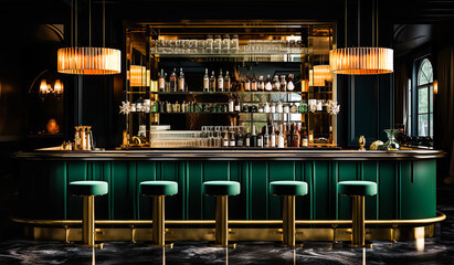 Blur shot of classic luxury counter bar drink.cocktail bartender with  light gold bokeh background.beverage concepts