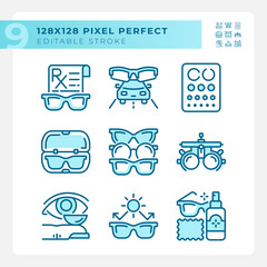 Pixel perfect blue icons set of eye care, editable thin linear illustration.