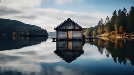 Obraz premium Vintage Wooden Boathouse on a Calm Lake. generative AI