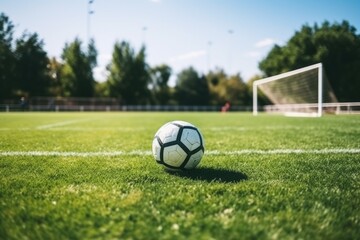 soccer field with ball in the net, daytime - obrazy, fototapety, plakaty