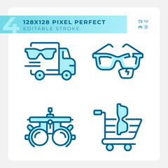 Pixel perfect simple thin linear icons set representing eye care, editable blue illustration.