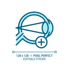 2D pixel perfect editable blue hyperopia icon, isolated monochromatic vector, thin line illustration representing eye care.