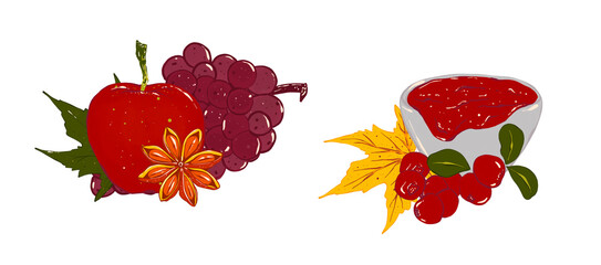 Thanksgiving day, set of harvesting decor elements. Autumn composition of fruits, spices, berries and yellow maple leaves. Isolated hand drawn illustration on white background