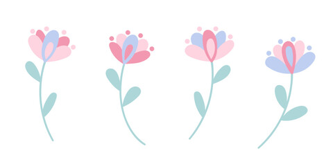 Four cute vector flowers, pastel flat flower illustration set