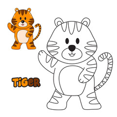 Vector illustration. Coloring book , Coloring tiger. Cartoon animal. Clipart set for nursery poster, Practice skills