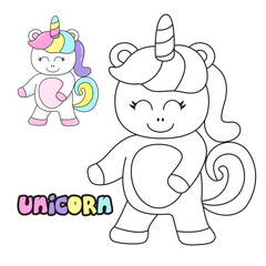 Vector illustration. Coloring book , Coloring unicorn. Cartoon animal. Clipart set for nursery poster, Practice skills