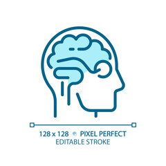2D pixel perfect editable blue brain and eye icon, isolated monochromatic vector, thin line illustration representing eye care.