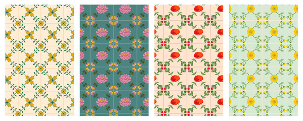 kitchen tile pattern set containing poppy, chinese rose and yellow marigold