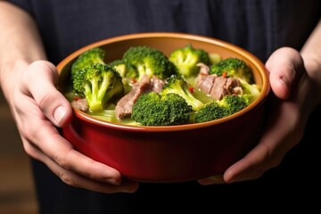 hand holding bowl of beef and broccoli soup
